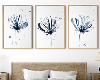 Abstract Minimalist Blue Flowers 3 Art Prints Set Inky Blue Floral Watercolor Painting Art