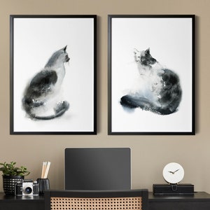 Minimalist Cat 2 Fine Art Prints Wall Decor Set, Black Cat Watercolor Painting, Cat Wall Art, Cat Prints, Cat Paintings, Cats Diptych Art