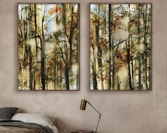 Stampe artistiche della foresta, arte murale astratta della natura, set di 2 dipinti di arte murale della foresta, stampe ad acquerello di alberi, decorazioni murali della natura del bosco