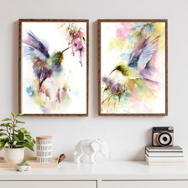 Kolibris Malerei, Kolibri Drucke, 2er-Set Fine Art Prints, helle Farben Vogel Kunst, 2 Vogel Drucke Set, Vogel Wanddekor, Vogel Kunst