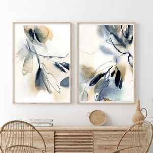 Abstract Navy Blue Painting 2 Art Prints, Gallery Wall set of 2 Fine Art Prints, Abstract Leaves Botanical Watercolor, Abstract Wall Decor