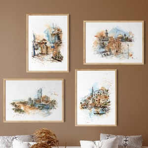 Israel City Painting Gallery Wall 4 Pieces Art Prints Set, Jerusalem Painting, Tel Aviv Jaffa, Netanya, Tsfat Architecture Israel Wall Decor