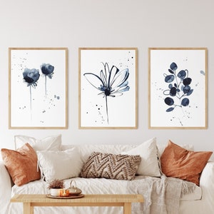 Watercolor Print, Set of 3, Leaves And Flowers, Watercolor Painting Art, Inky Blue Painting, Wall Art, Home Decor, Floral Wall Art, Giclee