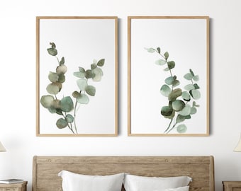 Juego de 2 láminas de arte de eucalipto, láminas botánicas en acuarela, decoración de pared con motivos vegetales.