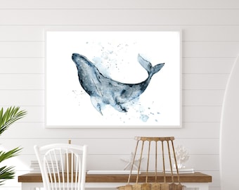 Whale Art Print, Blue Whale Animal Fine Art Print, Sea Animals, Nautical Beach Style Wall Decor, Canvas Fine Art Print, Watercolor Painting