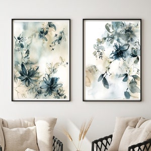 Abstrakte Blumenmalerei 2 Art Prints Set, Aquarell Drucke, Petrol / Botanische Malerei Fine Art Prints, Wohnzimmer Dekor, botanische Wandkunst
