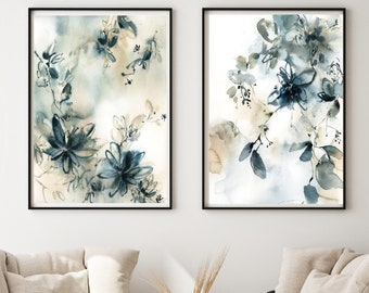 Abstract Floral Painting 2 Art Prints Set, Watercolor Prints, Teal Botanical Set of 2 Fine Art Prints, Living Room Decor, Botanical Wall Art