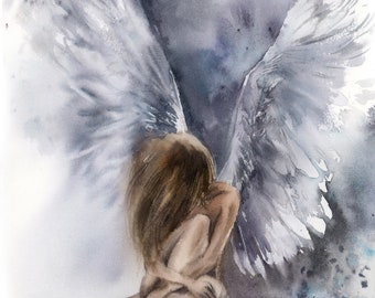 Angel Fine Art Print in Muted Purple Colors, Angel Watercolor Print, Watercolor Painting Loose Style Art