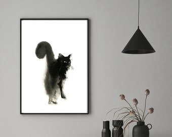 Black Cat Art Print, Watercolor Painting, Minimalist Cat Art Print, Fine Art Print, Giclee Print, Cat Wall Art, Black and White Cat Wall Art