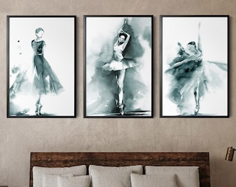 Classic Ballet Wall Prints Set of 3 Pieces, Ballerina Watercolor Painting Art, Teal Dance Wall Art, Dancer Art Prints, 3 Fine Art Prints