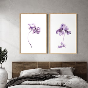 Purple Flowers 2 Fine Art Prints Set, Abstract Flowers Watercolor Painting, Set of 2 Minimalist Art Prints, Botanical Modern Wall Print Set