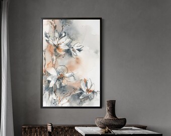 Pastel Neutral Tones Florals Wall Print, Abstract Flowers Painting, Watercolor Print, Large Art Print, Pastel Grey Wall Decor Fine Art Print