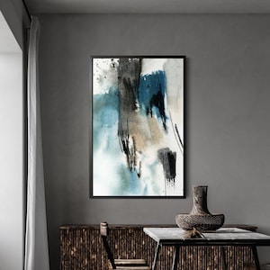 Abstract Painting, Abstract Wall Print, Abstract Watercolor Art, Extra Large Wall Art, Teal Black Decor, Contemporary Living Room Decor