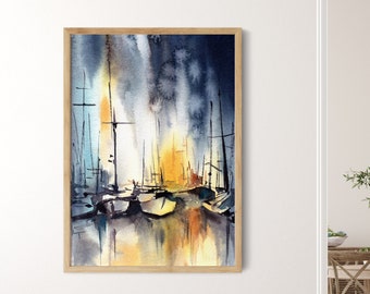 Sailboats Painting, Nautical Wall Art Print, Boats at Night Dock Watercolor, Seascape Nature Print, Nautical Art, Sea Wall Decor Print