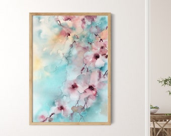 Almond Flowers Wall Art Print, Abstract Botanical Watercolor Painting, Turquoise Pink Floral Giclee Wall Fine Art, Large Floral Wall Print