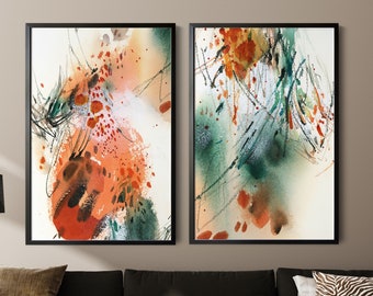 May include: Two framed abstract watercolour paintings. The artwork features a blend of orange, green, and black brushstrokes on a white background. The paintings are displayed above a dark grey sectional sofa, adding a modern touch to the living room.