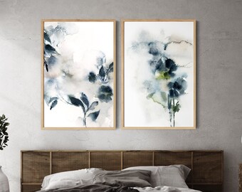 2 impresiones artísticas de pared abstractas de botánica azul, pinturas florales abstractas, juego de galería de pared de 2 impresiones de bellas artes, juego de impresiones de acuarela azul