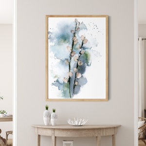 Willow Branch Wall Art Print, Spring Flowers Wall Art Decor, Floral Watercolor Painting, Fine Art Print, Neutral Blue Floral Fine Art Print