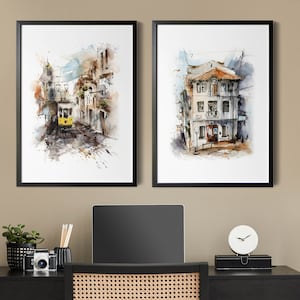Lisbon and Porto 2 Art Prints Set, Portugal Watercolor Paintings, City Architecture Sketches, Travel Decor
