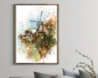 Windmill Watercolor Painting, Travel Landscape Painting, Windmill Wall Art, Farmhouse Decor, Holland Nature Painting, Netherlands Nature Art