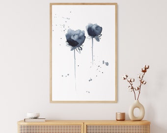 Cotton Flowers Painting, Minimalist Watercolor Print, Navy Blue Florals, Watercolor Painting, Minimalist Art Print, Cotton Buds Home Decor