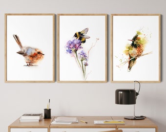 Birds and Bumblebee Fine Art Prints Set of 3, Watercolor Paintings Art, Bird Wall Decor, 3 Fine Art Prints, Home Gallery Prints Wall Decor