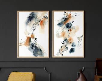 Abstract Painting 2 Art Print Set, Blue Terracotta Abstract Watercolor Art, Set of 2 Art Prints, Large Wall Prints, Mid Century Wall Decor