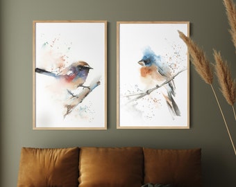 Bird Art, Wall Art Decor, Watercolor Bird Prints, Printed Art Set Of 2, Artwork Bird Prints, Bird Lover Gift, School Art Decor Wall Prints