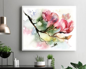 Magnolia Painting, Magnolia Wall Art, Spring Watercolor Flowers, Pink Magnolia Print, Spring Decor, Magnolia Tree Painting, Fine Art Print