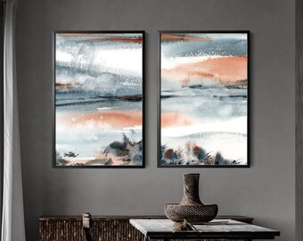 Abstract Landscape 2 Print Set In Blue and Peach, Gallery Wall Set of 2 Fine Art Prints, Abstract Sea Shore Nature Watercolor Painting Art