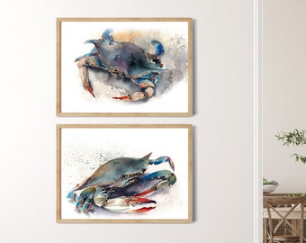 Blue Crab Watercolor Art Set of 2 Fine Prints, Ocean Animal Paintings, Sea Coastal Wall Decor