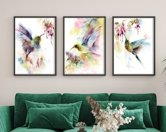 Hummingbird Prints, Set of 3 Fine Art Prints, Tropical Birds Watercolor Paintings, Birds Wall Decor, Colorful Birds Wall Art 3 Pieces Prints