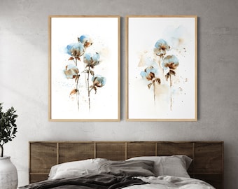 Cotton Flowers 2 Fine Art Prints Set - Floral Watercolor Painting in Light Blue and Earthy Colos