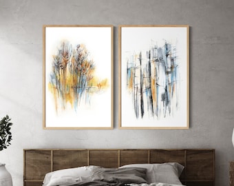 Abstract Landscape Painting, 2 Prints Set, Abstract Nature Gallery Wall Set of 2 Fine Art Prints, Watercolor Print, Forest Tree Wall Art