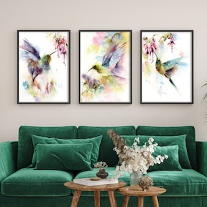 Hummingbird Prints, Set of 3 Fine Art Prints, Tropical Birds Watercolor Paintings, Birds Wall Decor, Colorful Birds Wall Art 3 Pieces Prints