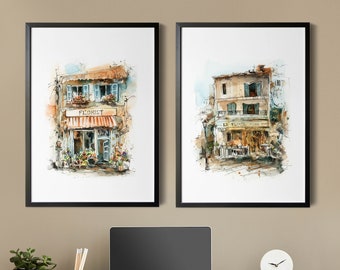 Urban Sketching Art Prints 2 Wall Decor Prints Set, Europe Architecture Watercolor, Architecture Painting, Travel Wall Art Decor Prints