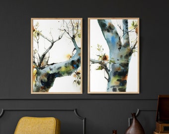 Set di 2 stampe artistiche di alberi colorati, decorazione da parete - Stampe ad acquerello di alberi della foresta, 2 pezzi