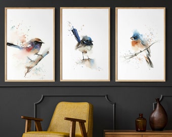 Vögel Aquarell Kunst, Drucke Set von 3, Vogel Malerei, Giclee Fine Art Prints, Waldvogel Wand-Dekor, helle Farben Vögel, Vogeldruck Set