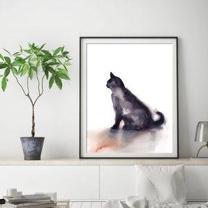 Cat Wall Art Minimalist Watercolor Print Black Cat - Etsy