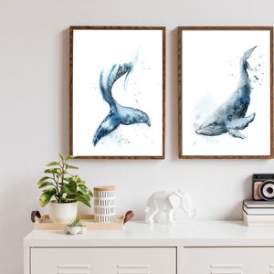 Whale Watercolor 2 Art Prints Set, Blue Whales Painting, Sea Animals Wall Art, Nautical Style Art, Beach House Wall Decor, Whale Wall Art