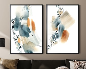 Abstract Art Prints Set of 2 Pieces Watercolor Wall Art, Abstract Paintings Blue Burnt Orange Modern Wall Decor, Abstract Fine Art Print Set