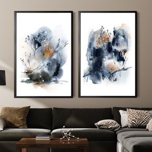 Blaue abstrakte Malerei, Art Prints 2er Set, abstrakte Natur in Erd- und Blautönen, große Wandkunst, Home Gallery Wanddekor