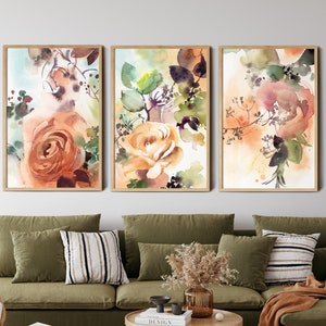 Boho Wall Art Abstract Floral Paintings Set of 3 Fine Art Prints Gallery Wall, Abstract Botanical Pastel Colors Triptych Wall Decor Prints