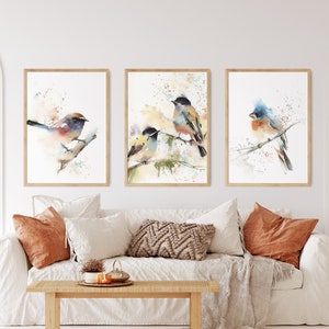 Colorful Bird Prints, 3 Art Prints Set, Bird Watercolor Painting, Wall Gallery 3 Fine Art Prints, Bird Wall Decor, Giclée Prints Triptych