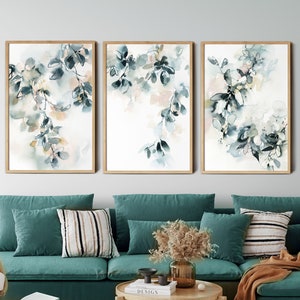 Teal Wall Prints, Botanical Watercolor Print, Gallery Wall Set, Printed Art Set of 3, Floral Wall Decor, Watercolor Leaves, Large Wall Art