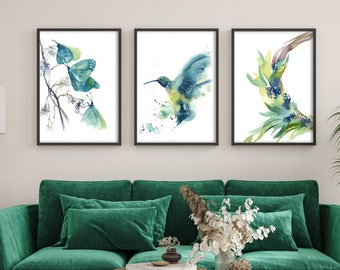 Tropical Teal 3 Art Prints Set, Hummingbird, Butterflies and Wreath Watercolor Painting, Spring Turquoise Wall Decor, Living Room Wall Art