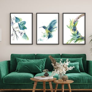 Tropical Teal 3 Art Prints Set, Hummingbird, Butterflies and Wreath Watercolor Painting, Spring Turquoise Wall Decor, Living Room Wall Art