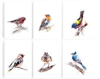 Birds Fine Art Prints 6 Pieces Wall Decor, Sparrow, Waxwing, Blue Jay, Painted Bunting, Bluethroat, Robin Watercolor Paintings