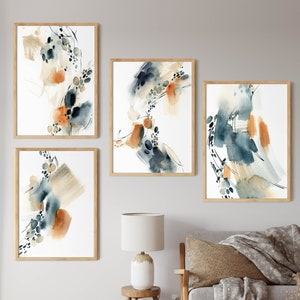Abstract Wall Prints Blue Burnt Orange, Gallery Wall Set Of 4 Abstract Fine Art Print, Watercolor Painting, Living Room Art, Modern Wall Art