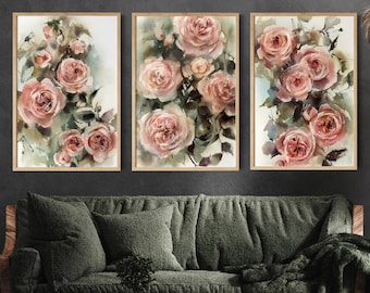 Pink Roses 3 Fine Art Prints Set, Flowers Watercolor Prints, Pink Green Botanical Painting Gallery Wall